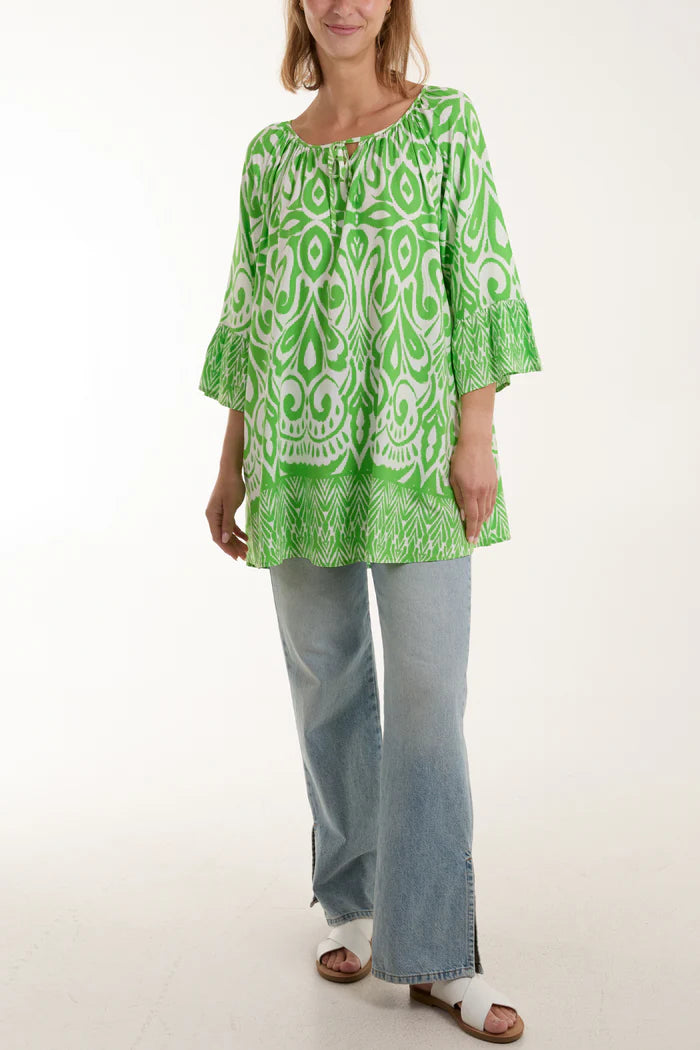 GREEN IKAT PRINT ROUND NECK BLOUSE ONE SIZE 10-16