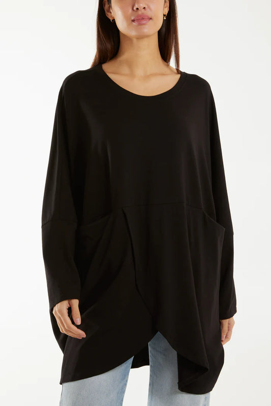 BLACK WRAP FRONT POCKETS LONG SLEEVE TOP ONE SIZE 12-22