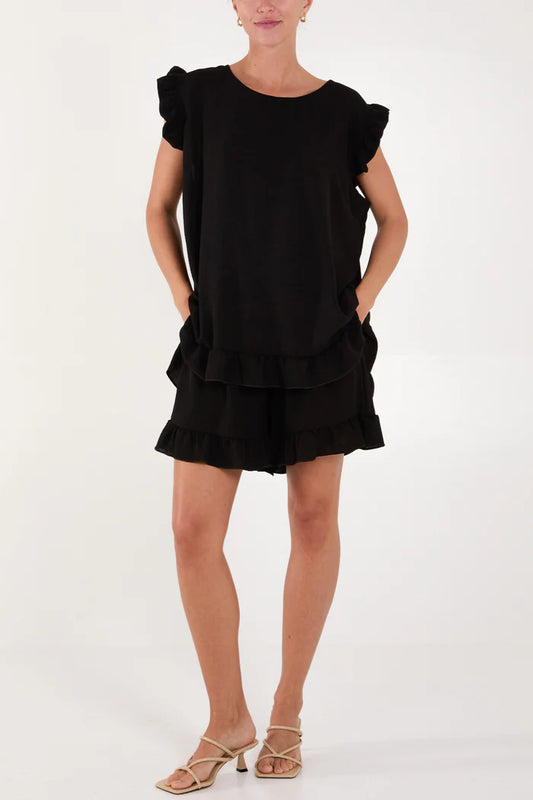 BLACK FRILL CO-ORD SET TOP AND SHORTS ONE SIZE 10-18