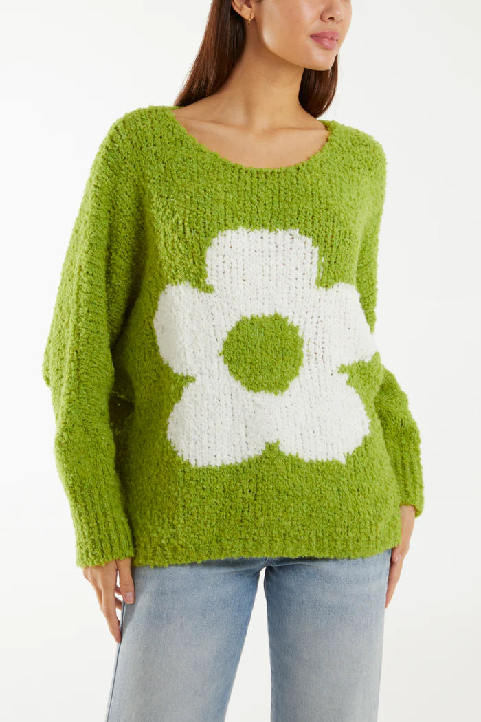 GREEN WOOL BLEND DAISY BOUCLE SOFT KNIT JUMPER ONE SIZE 10-16