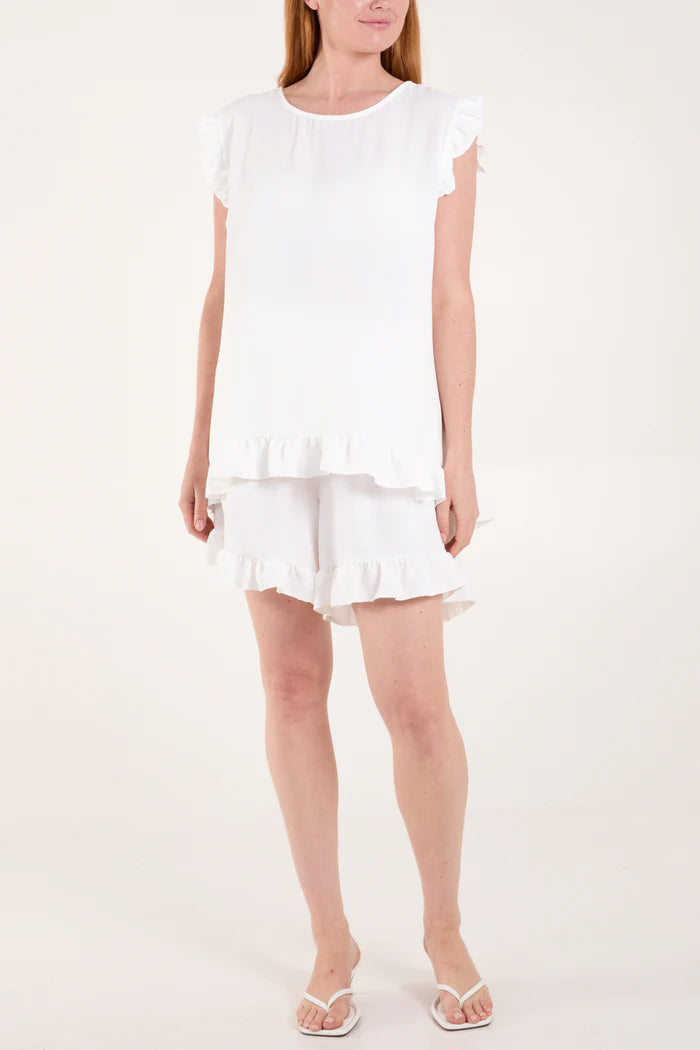 WHITE FRILL CO-ORD SET TOP AND SHORTS ONE SIZE 10-18