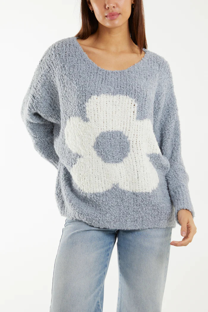 BLUE WOOL BLEND DAISY BOUCLE SOFT KNIT JUMPER ONE SIZE 10-16