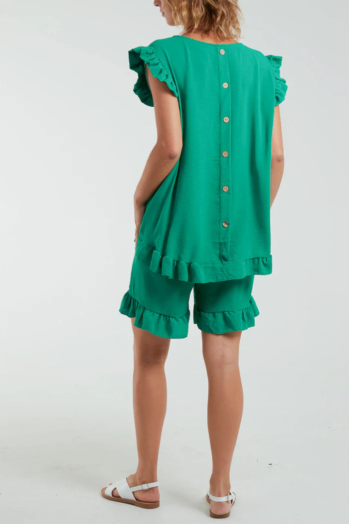 GREEN FRILL CO-ORD SET TOP AND SHORTS ONE SIZE 10-18