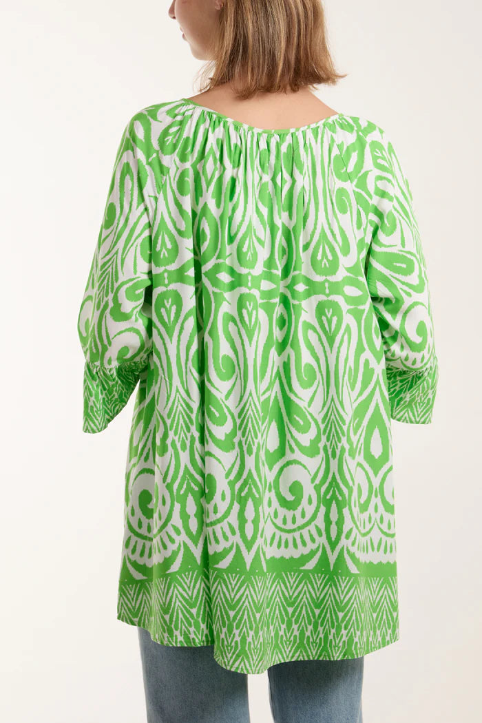 GREEN IKAT PRINT ROUND NECK BLOUSE ONE SIZE 10-16