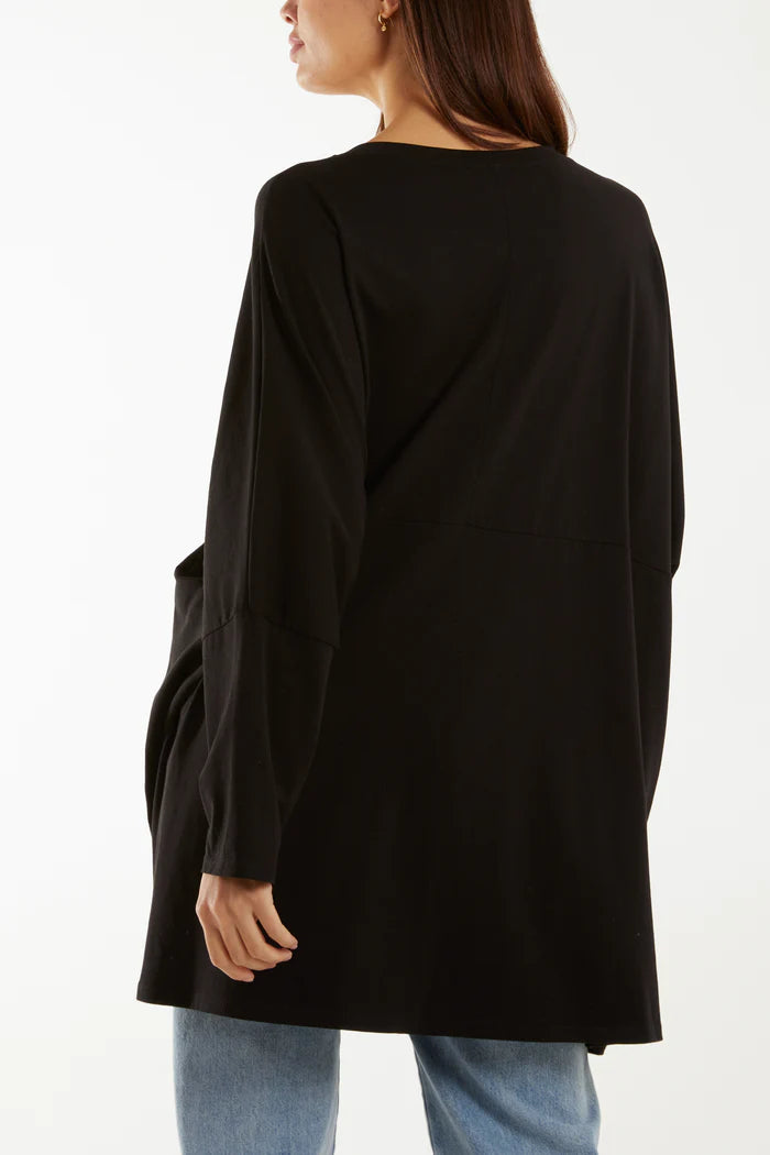 BLACK WRAP FRONT POCKETS LONG SLEEVE TOP ONE SIZE 12-22