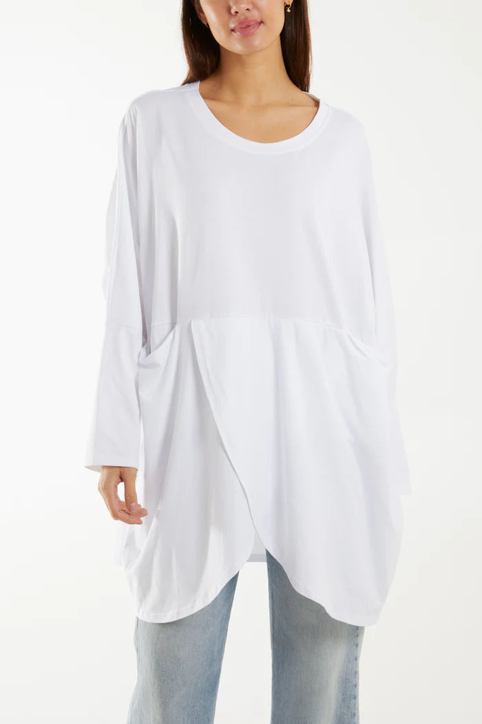 WHITE WRAP FRONT POCKETS LONG SLEEVE TOP ONE SIZE 12-22