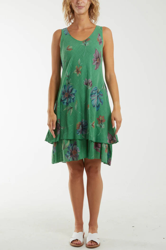 GREEN FLORAL DOUBLE LAYER SLEEVELESS DRESS ONE SIZE 10-18
