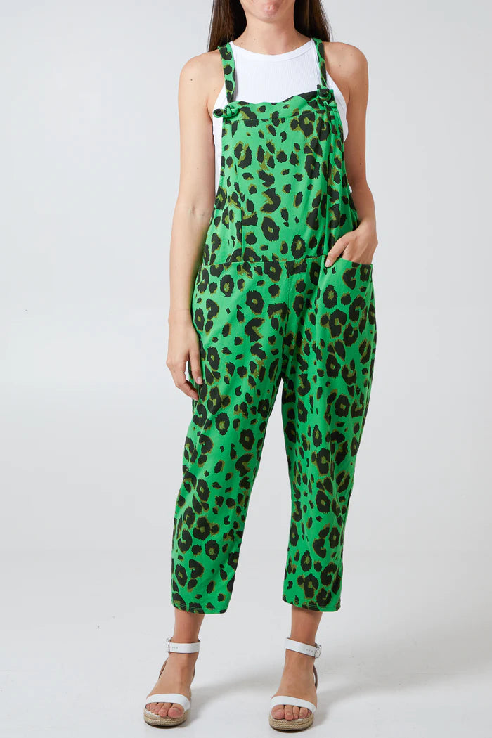 GREEN LEOPARD PRINT DUNGAREES ONE SIZE 10-18