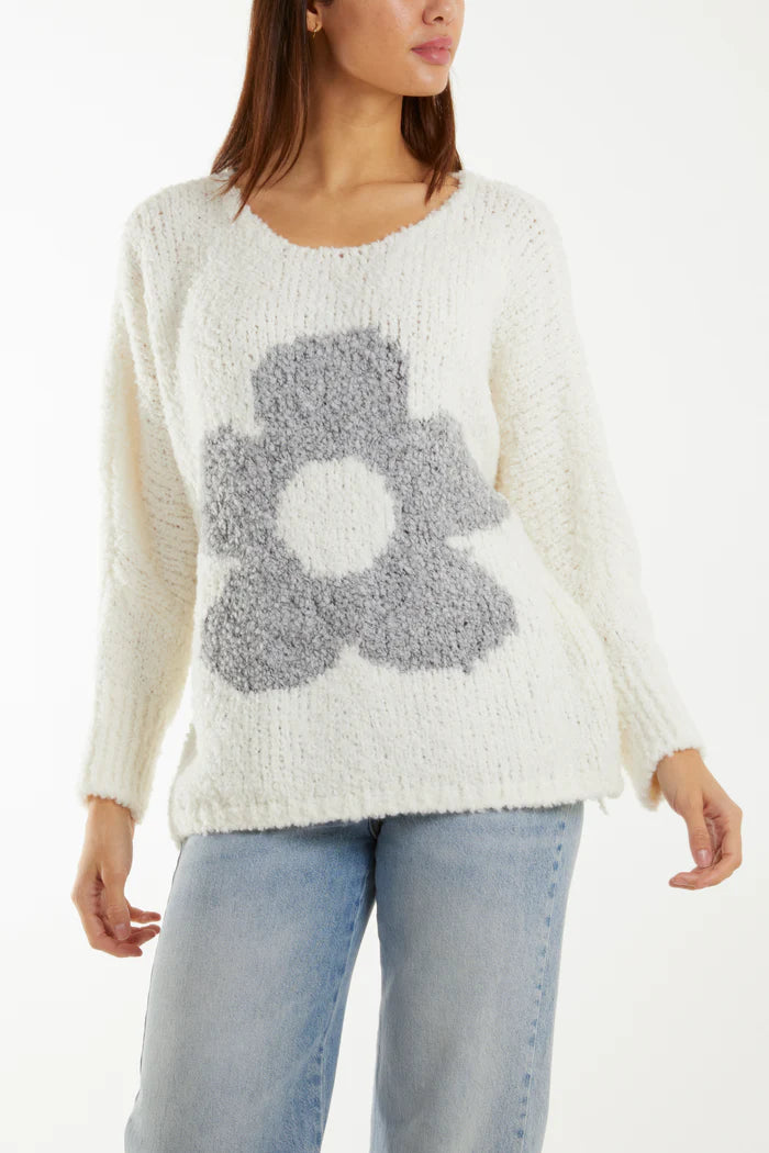 WHITE WOOL BLEND DAISY BOUCLE SOFT KNIT JUMPER ONE SIZE 10-16