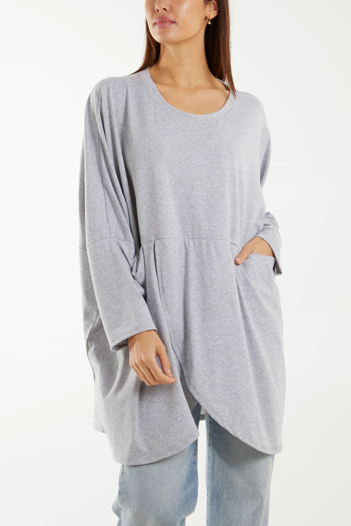 GREY WRAP FRONT POCKETS LONG SLEEVE TOP ONE SIZE 12-22