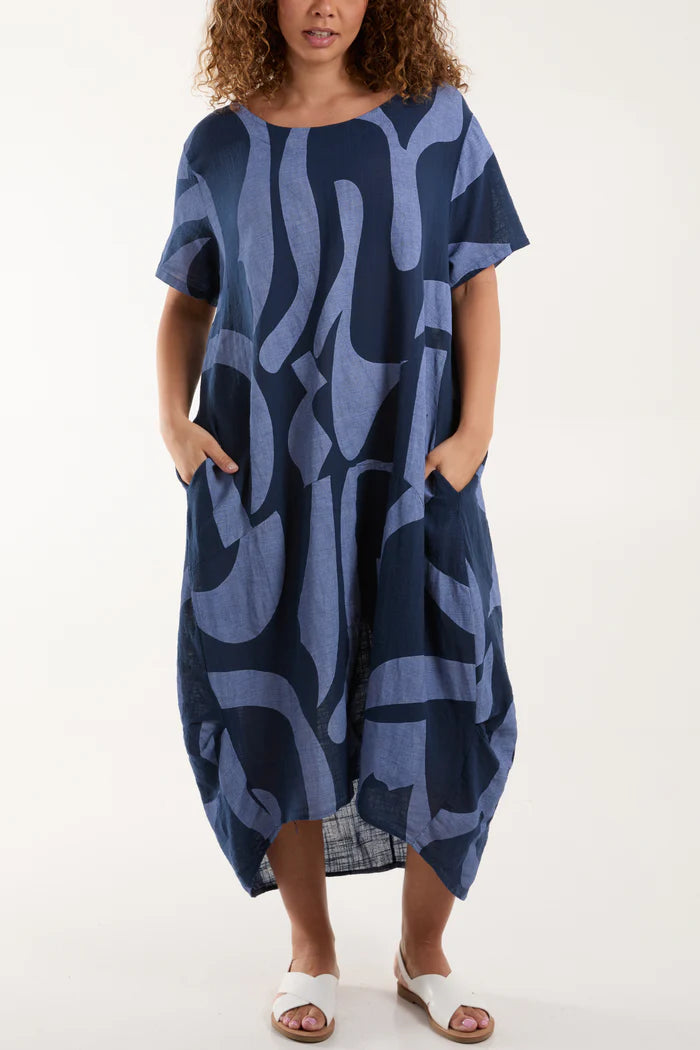 NAVY PURE COTTON COCOON MIDI DRESS ONE SIZE 10-22