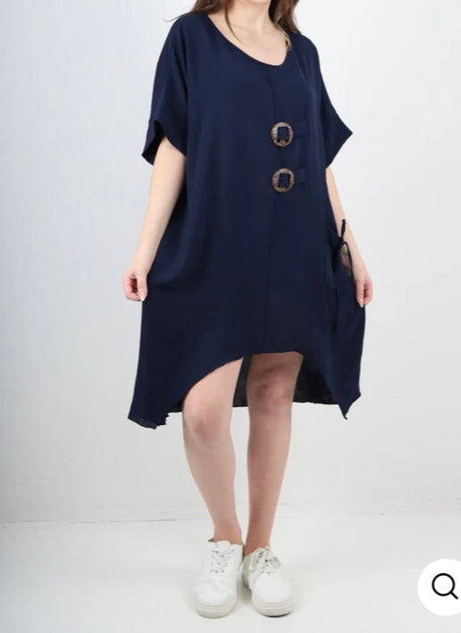 NAVY TWO BUTTON TUNIC TOP ONE SIZE 12-22