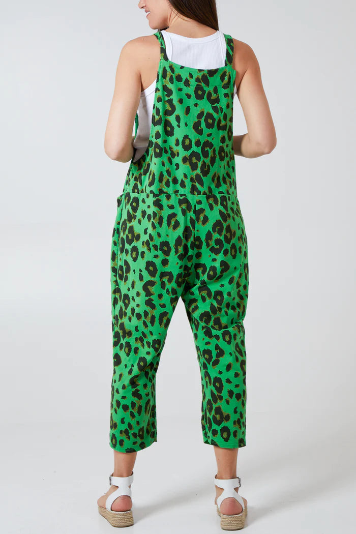 GREEN LEOPARD PRINT DUNGAREES ONE SIZE 10-18