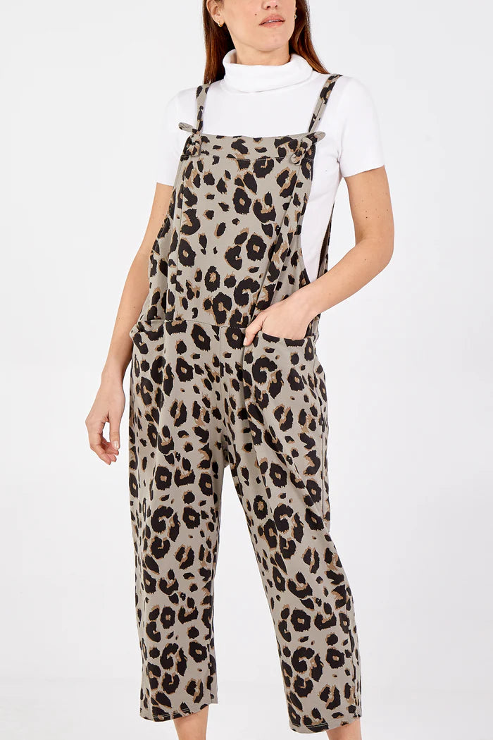 STONE LEOPARD PRINT DUNGAREES ONE SIZE 10-18