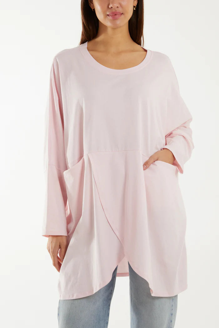 PINK WRAP FRONT POCKETS LONG SLEEVE TOP ONE SIZE 12-22