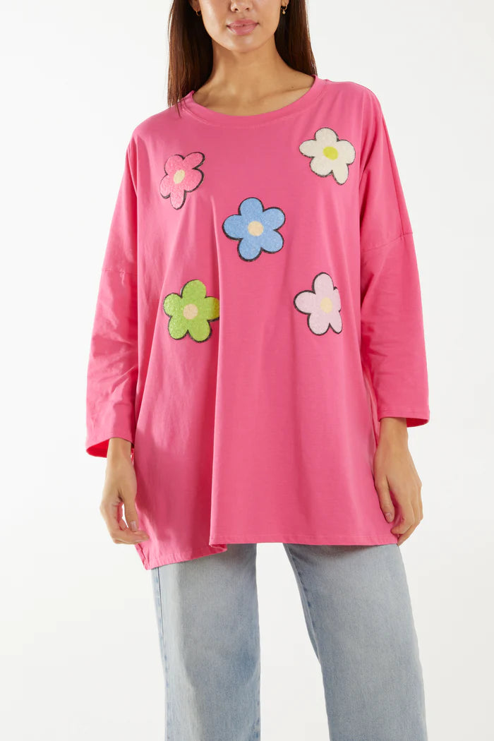 PINK MULTICOLOUR FLUFFY DAISY LONG SLEEVE TOP ONE SIZE 10-20