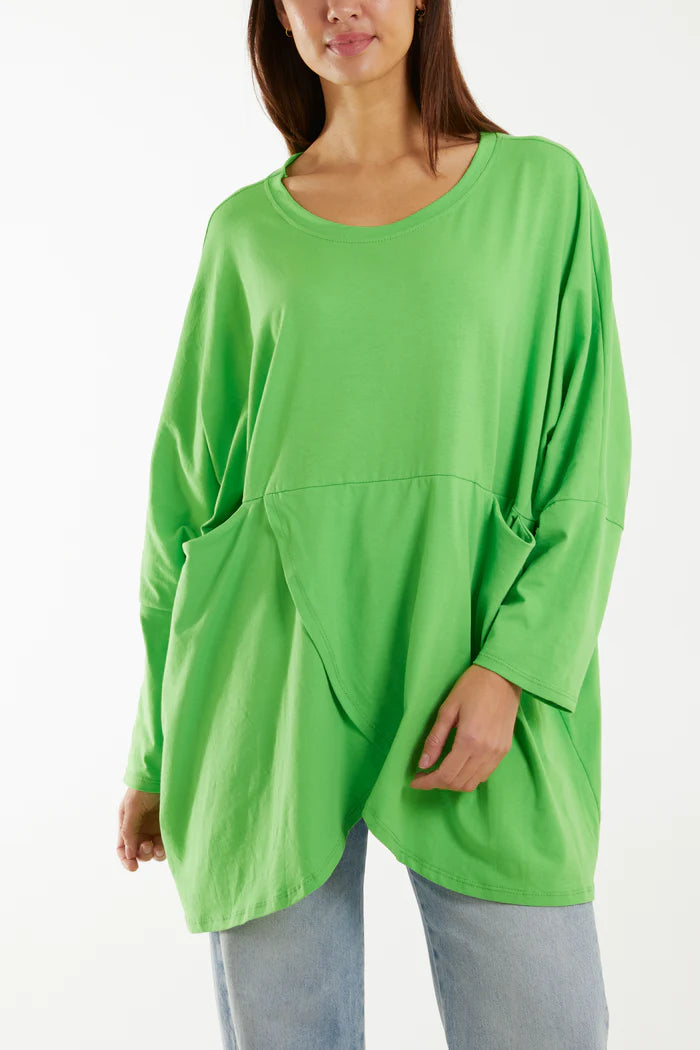GREEN WRAP FRONT POCKETS LONG SLEEVE TOP ONE SIZE 12-22