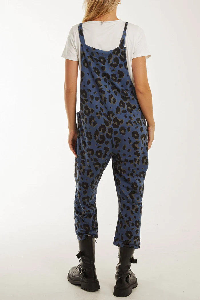 BLUE LEOPARD PRINT DUNGAREES ONE SIZE 10-18