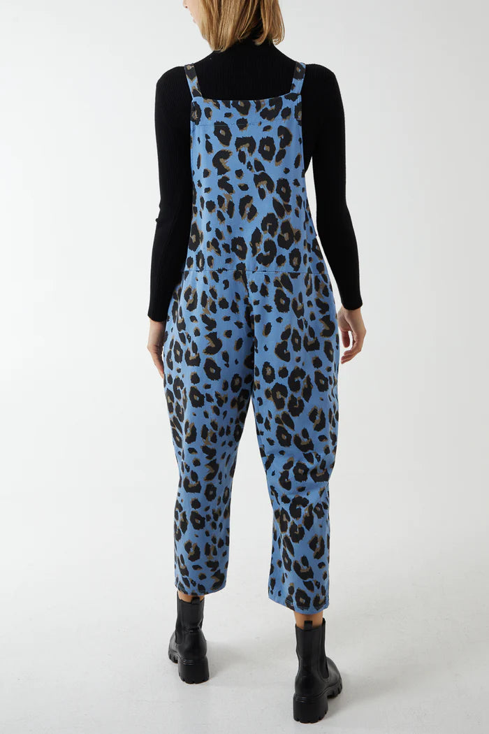 BLUE LEOPARD PRINT DUNGAREES ONE SIZE 10-18