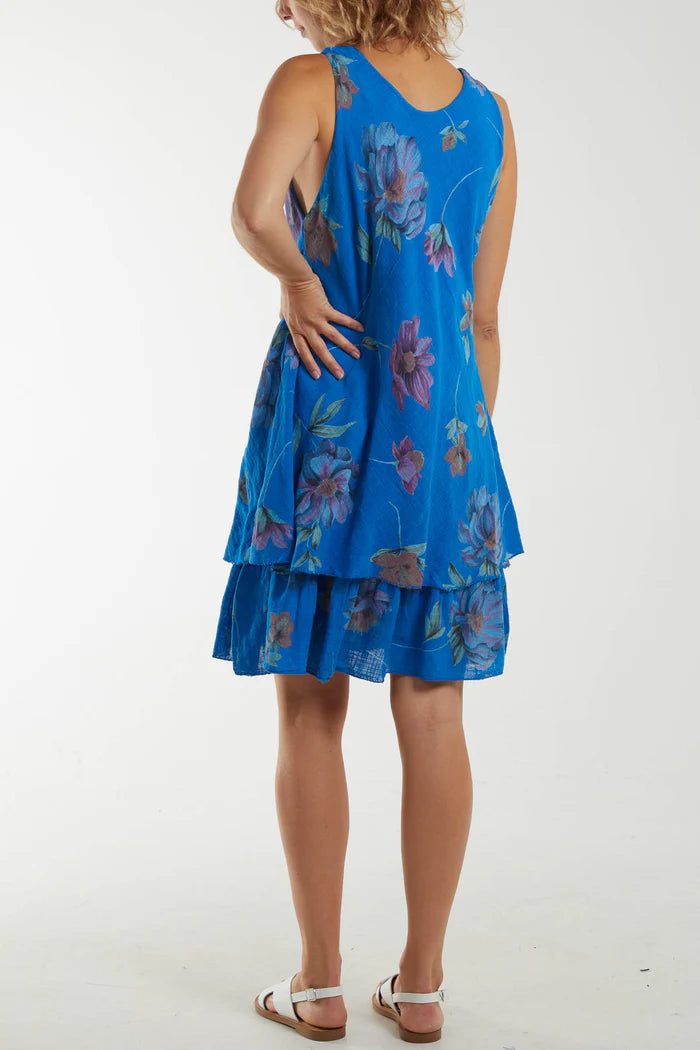 BLUE FLORAL DOUBLE LAYER SLEEVELESS DRESS ONE SIZE 10-18