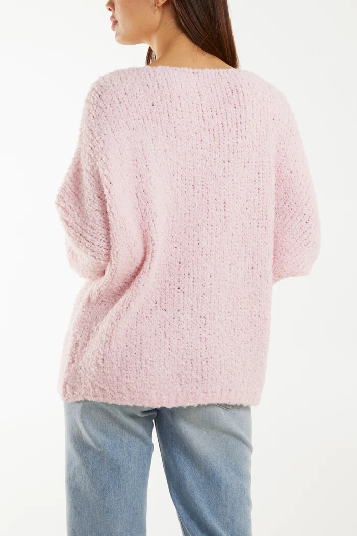 PINK WOOL BLEND DAISY BOUCLE SOFT KNIT JUMPER ONE SIZE 10-16