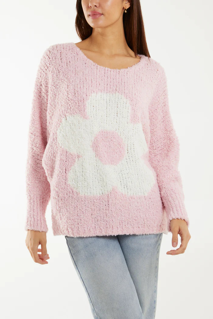 PINK WOOL BLEND DAISY BOUCLE SOFT KNIT JUMPER ONE SIZE 10-16